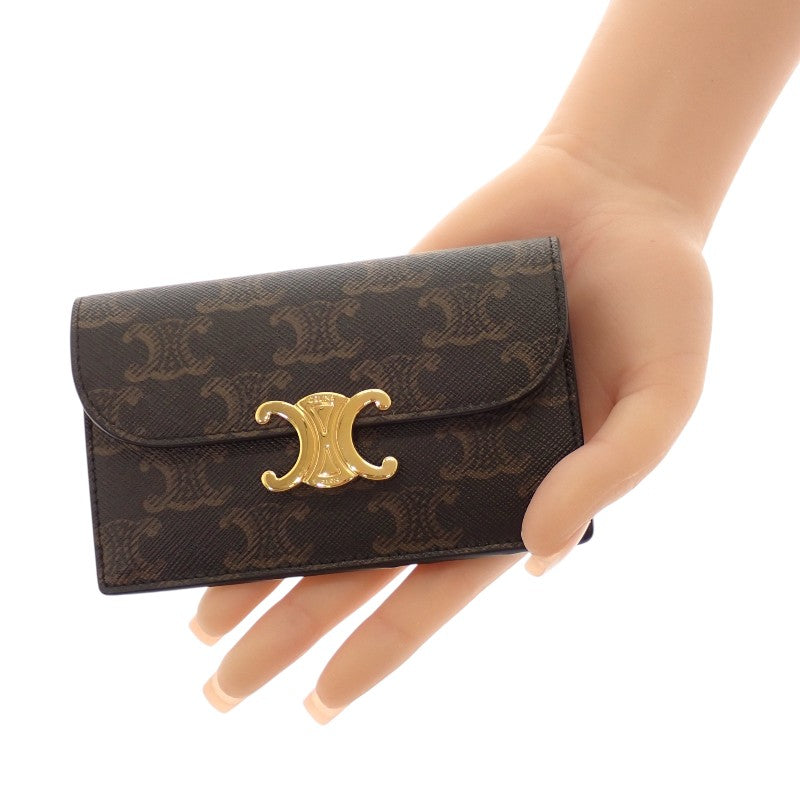 セリーヌ CELINE トリオンフフラップ付き ロングカードホルダー 10P072CQH.04LU コインケース カーフ トリオンフキャンバス タン ゴールド金具 レディース【中古】【Aランク】