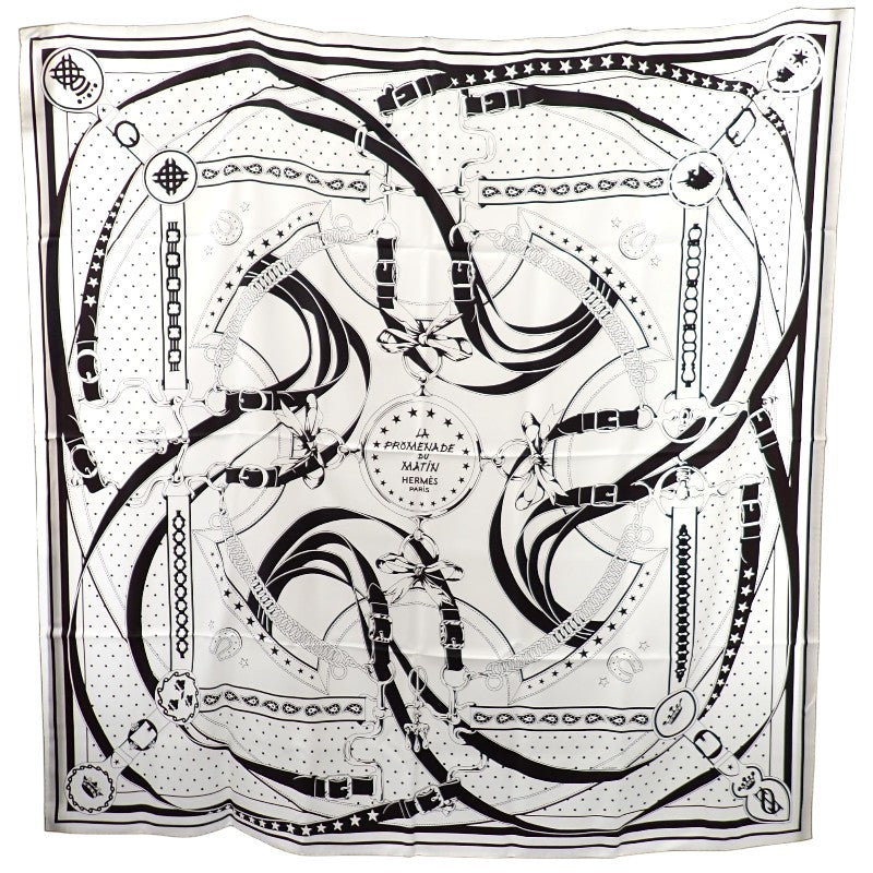 エルメス HERMES カレ ダブルフェイス 140 朝の散歩 バンダナ H923986S 15 スカーフ シルク ホワイト レディース【中古】【SAランク】