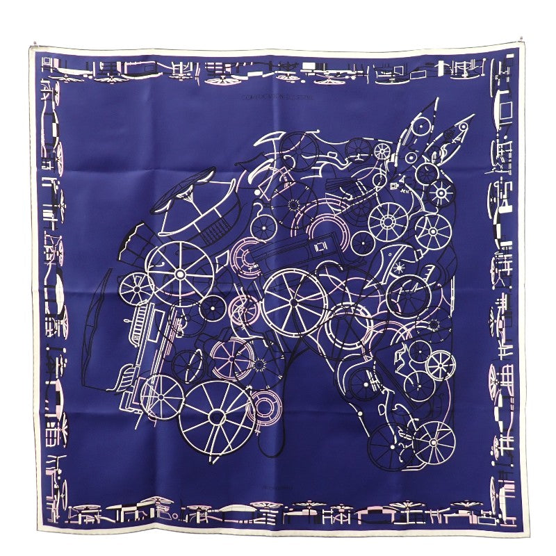 エルメス HERMES カレ90 COMPLICATION EQUESTRE 004148S10 スカーフ シルク マリン/パルム/ブラン ブルー系 レディース【中古】【Aランク】