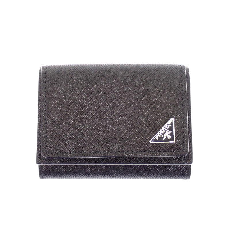 プラダ PRADA トライアングル 2MH021_QHH_F0002 三つ折り財布 サフィアーノ ブラック シルバー金具 メンズ レディース【中古】【Aランク】