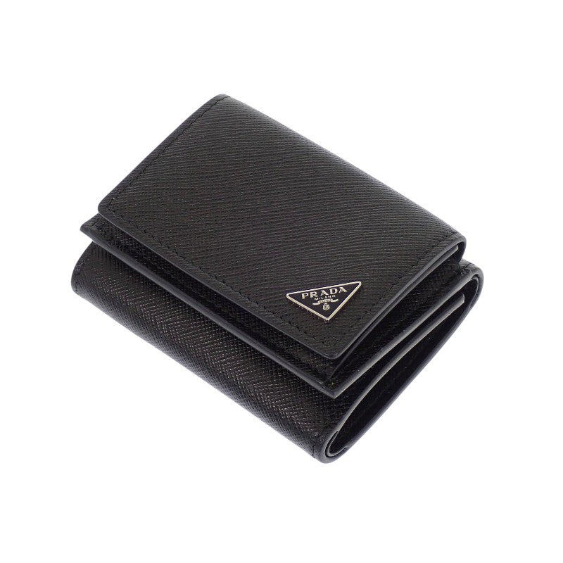 プラダ PRADA トライアングル 2MH021_QHH_F0002 三つ折り財布 サフィアーノ ブラック シルバー金具 メンズ レディース【中古】【Aランク】