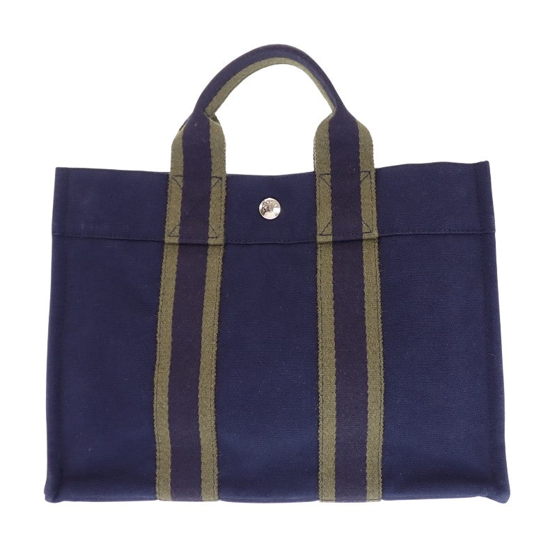 エルメス HERMES フールトゥPM トートバッグ コットン ネイビー カーキ シルバー金具 レディース【中古】【ABランク】
