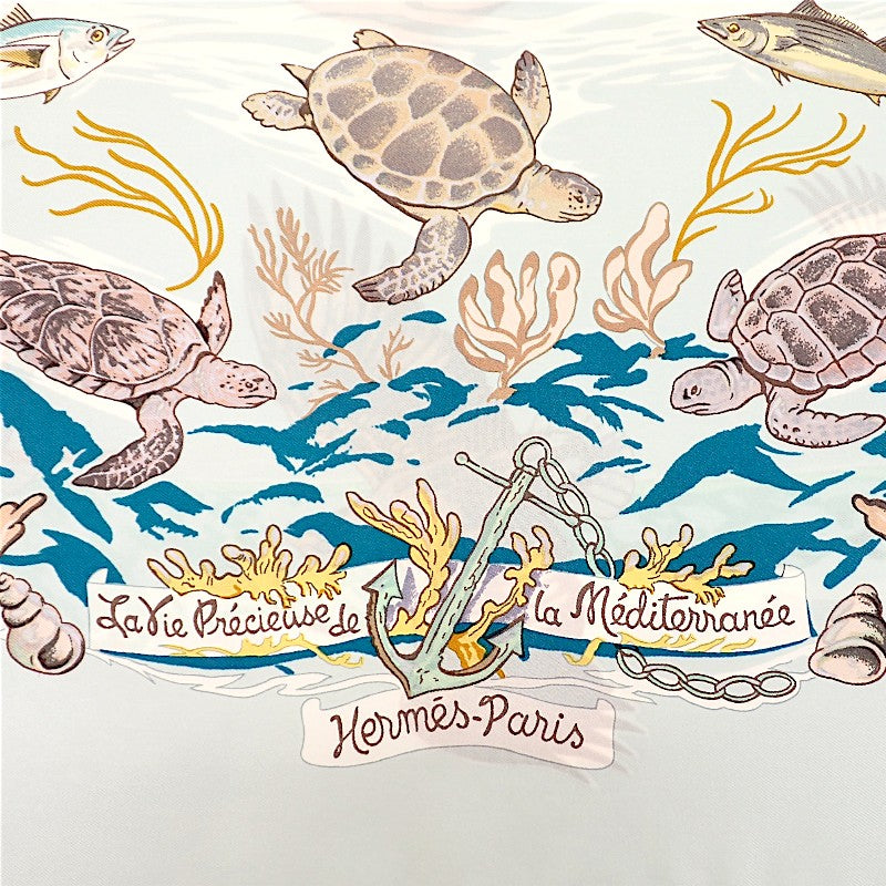 エルメス HERMES カレ90 Lavie Precieuse de la Mediterranee スカーフ シルク ライトブルー レディース【中古】【ABランク】