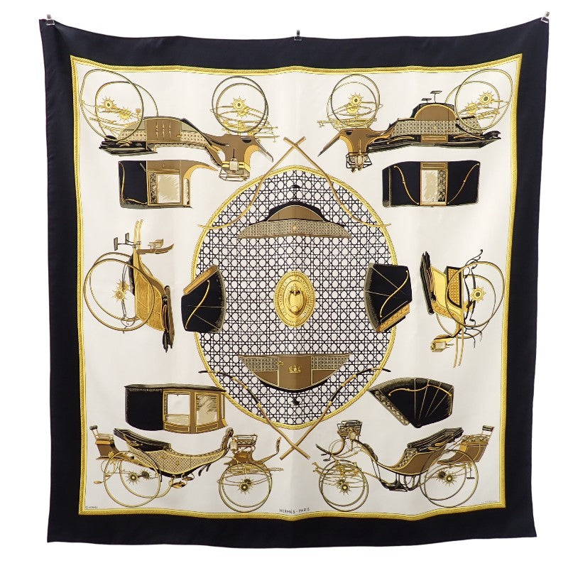エルメス HERMES カレ90 折り畳み式幌馬車 LES VOITURES A TRANSFORMATION スカーフ シルク ブラック アイボリー レディース【中古】【ABランク】
