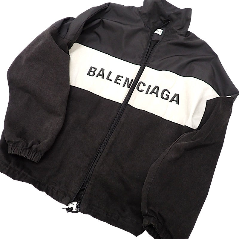 バレンシアガ BALENCIAGA ロゴプリント デニム切替 ポプリンシャツブルゾン 36 529213 TB003 1000 ナイロンジャケット コットン ナイロン ブラック メンズ【中古】【Bランク】