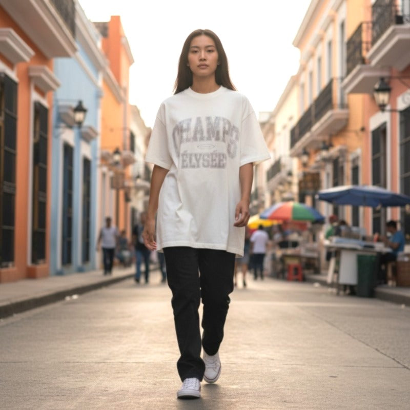 BALENCIAGA Oversized T-Shirt CHAMPS ELYSEES T-Shirt 2 787349 TRVN1 9016 Short Sleeve T-Shirt Cotton White Men's Women's Unisex【Used】【A Rank】
