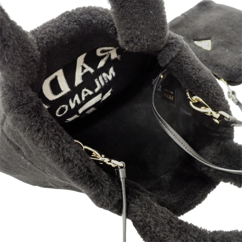プラダ PRADA シアリング トートバッグ 1BG447 2EC9 F0IAU 2WAYバッグ ショルダーバッグ シープレザー 羊毛 ブラック ホワイトロゴ ゴールド金具 レディース【中古】【Aランク】