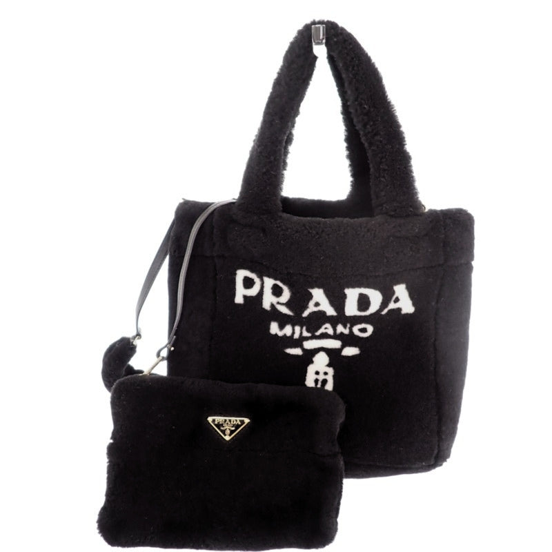 プラダ PRADA シアリング トートバッグ 1BG447 2EC9 F0IAU 2WAYバッグ ショルダーバッグ シープレザー 羊毛 ブラック ホワイトロゴ ゴールド金具 レディース【中古】【Aランク】