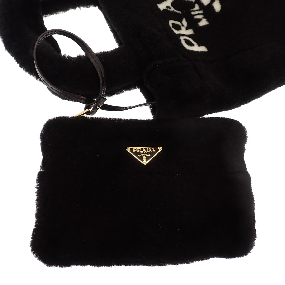 プラダ PRADA シアリング トートバッグ 1BG447 2EC9 F0IAU 2WAYバッグ ショルダーバッグ シープレザー 羊毛 ブラック ホワイトロゴ ゴールド金具 レディース【中古】【Aランク】