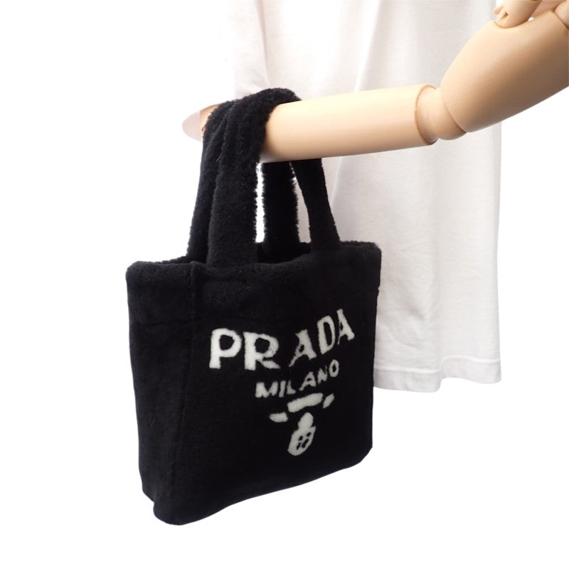 プラダ PRADA シアリング トートバッグ 1BG447 2EC9 F0IAU 2WAYバッグ ショルダーバッグ シープレザー 羊毛 ブラック ホワイトロゴ ゴールド金具 レディース【中古】【Aランク】