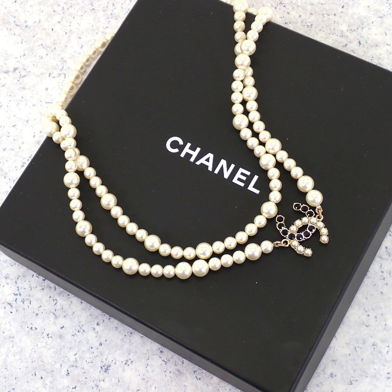 シャネル CHANEL CCパールロング ネックレス メタル フェイクパール ホワイト ブラック ゴールド金具 レディース【中古】【ABランク】
