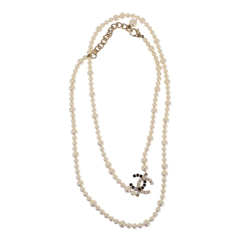シャネル CHANEL CCパールロング ネックレス メタル フェイクパール ホワイト ブラック ゴールド金具 レディース【中古】【ABランク】