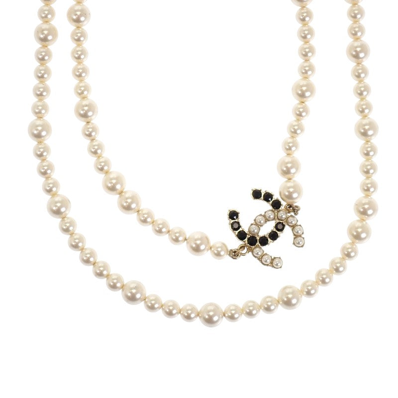 CHANEL CC Pearl Long Necklace Metal Faux Pearl White Black Gold Hardware Women's