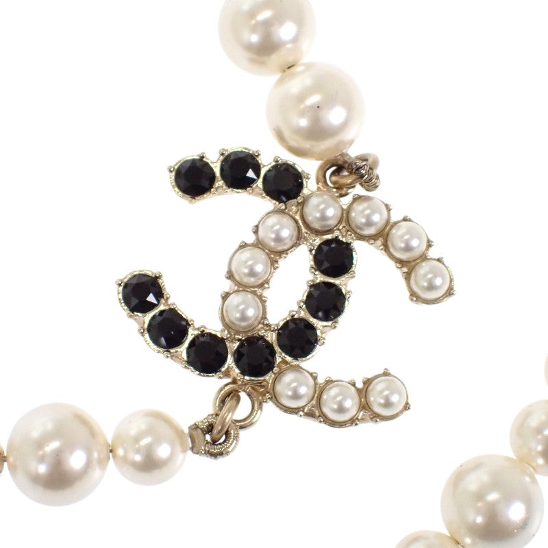 CHANEL CC Pearl Long Necklace Metal Faux Pearl White Black Gold Hardware Women's