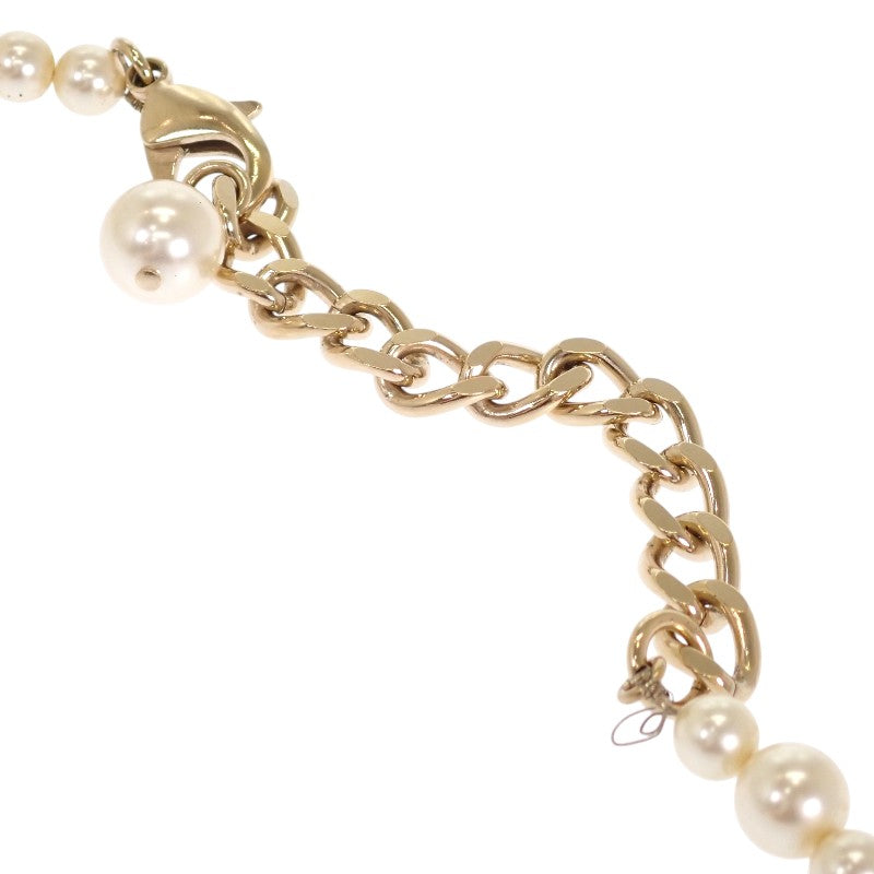 CHANEL CC Pearl Long Necklace Metal Faux Pearl White Black Gold Hardware Women's