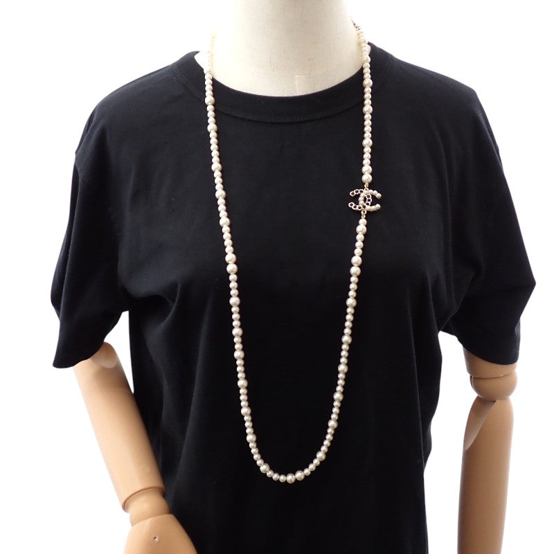 CHANEL CC Pearl Long Necklace Metal Faux Pearl White Black Gold Hardware Women's