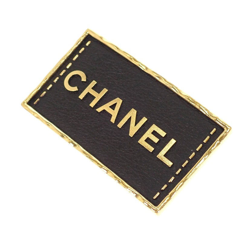 Chanel CHANEL Logo Plate ABA771 Brooch Metal Leather Gold Black Women's【Used】【A Rank】