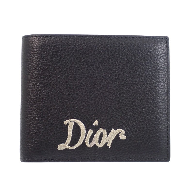 クリスチャンディオール Christian Dior コンパクトウォレット ロゴ刺繍 二つ折り財布 レザー ブラック メンズ【中古】【ABランク】