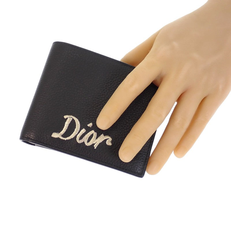 Christian Dior Compact Wallet Logo Embroidery Bifold Wallet Leather Black Men's【Used】【AB Rank】