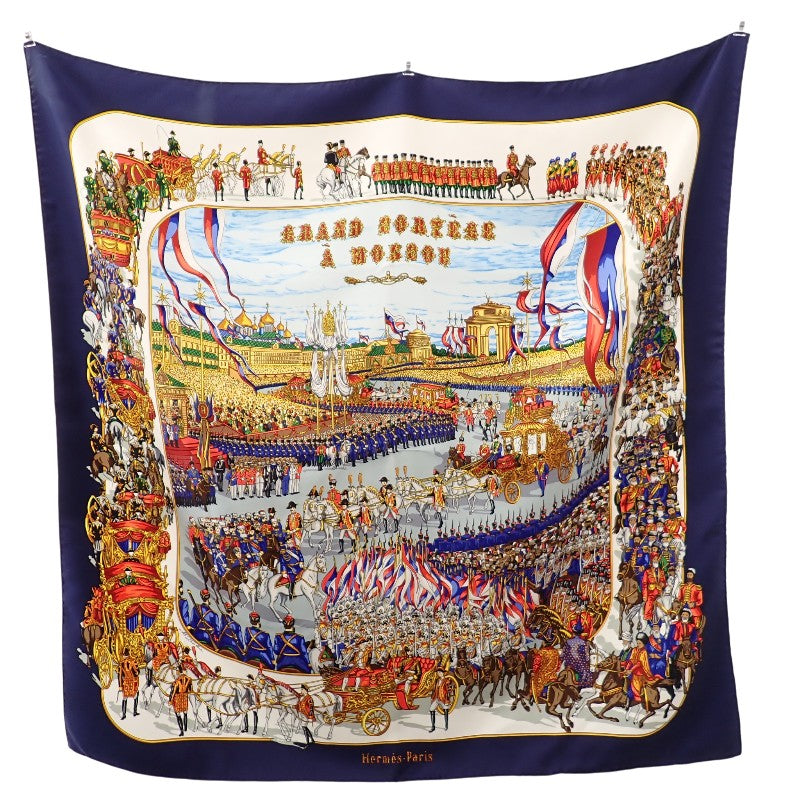 エルメス HERMES カレ 90 Grand Cortege a Moscou モスクワ大行進 スカーフ シルク ネイビー マルチカラー レディース【中古】【ABランク】