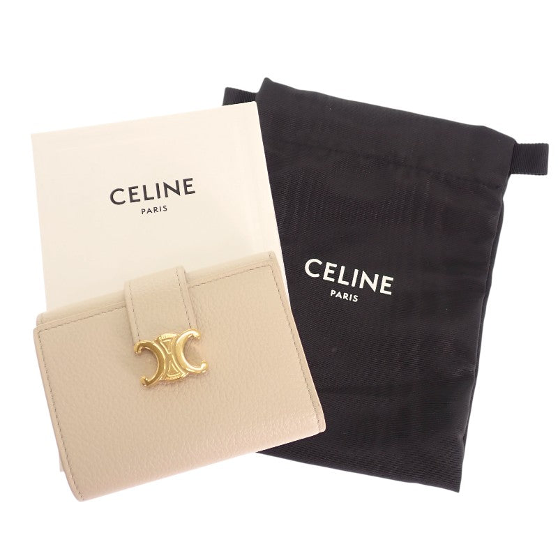 セリーヌ CELINE ファインストラップウォレット 10M963GHH.01CR 三つ折り財布 カーフ ベージュ クリーム ゴールド金具 レディース【中古】【Aランク】