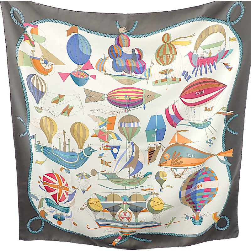 エルメス HERMES カレ90 Les Folies du Ciel スカーフ シルク グレー