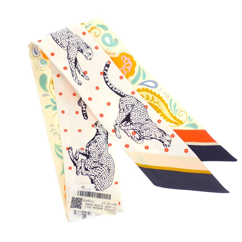 エルメス HERMES ツイリー GUEPARDS BANDANA H064179S_07 スカーフ シルク ジョーヌ・スフル×オレンジ×グリーン ホワイト レディース【中古】【Aランク】
