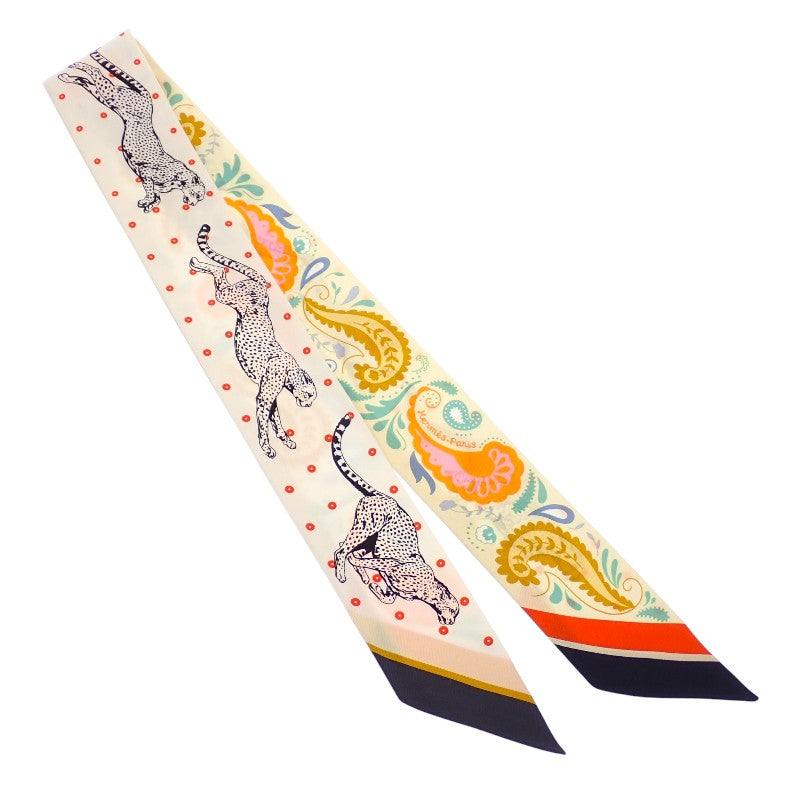 エルメス HERMES ツイリー GUEPARDS BANDANA H064179S_07 スカーフ シルク ジョーヌ・スフル×オレンジ×グリーン ホワイト レディース【中古】【Aランク】