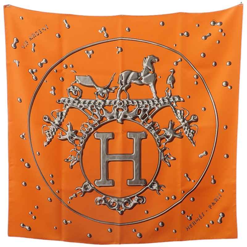 エルメス HERMES カレ90 VIF ARGENT スカーフ シルク オレンジ レディース【中古】【ABランク】