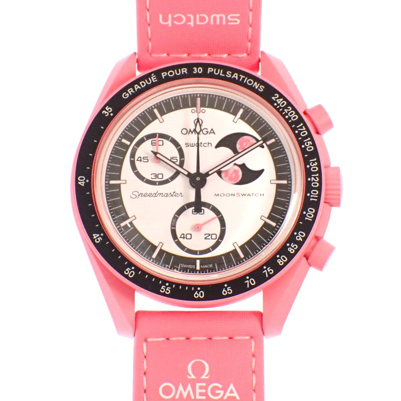 オメガ OMEGA スウォッチ SWATCH ミッショントゥザピンク ムーンフェイズ 限定 S033P700 腕時計 セラミック ナイロン クオーツ ホワイト文字盤 メンズ レディース【中古】【Aランク】