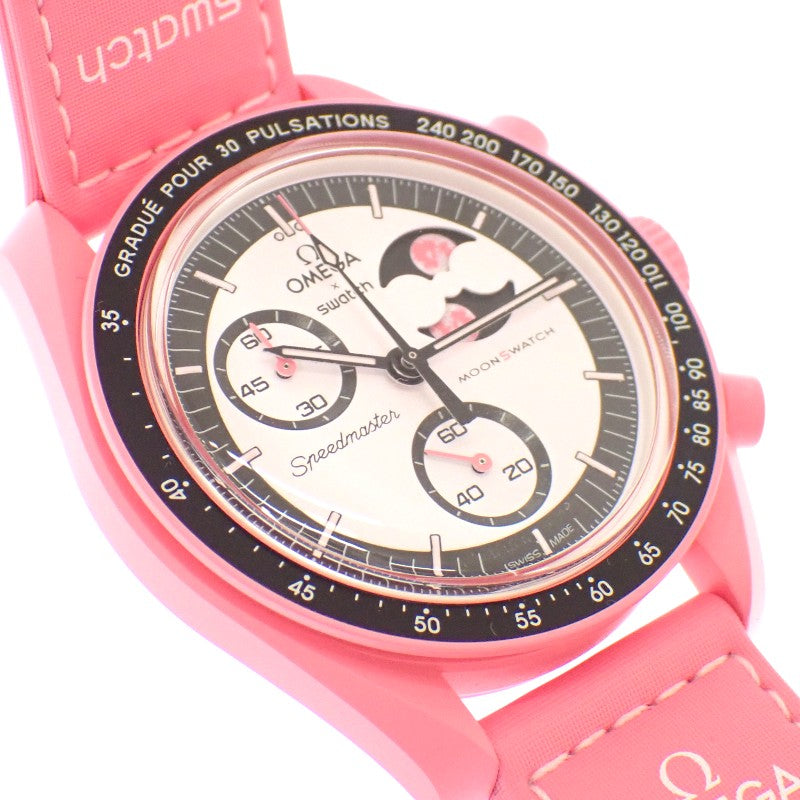 斯沃琪 Swatch 歐米茄 OMEGA Mission to the Pink 月相限定版 S033P700 腕錶 陶瓷 尼龍 粉色 石英 白色錶盤 男女通用【二手】【A級品】