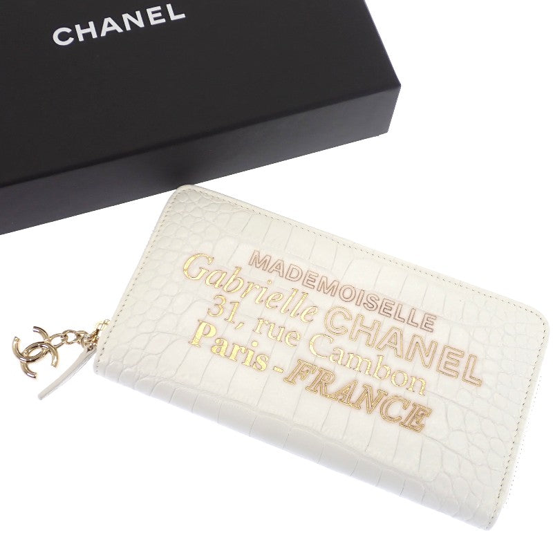 シャネル CHANEL ガブリエル ドゥ ラウンドウォレット クロコ型押し チャーム付き 長財布 レザー ホワイト レディース【中古】【Aランク】