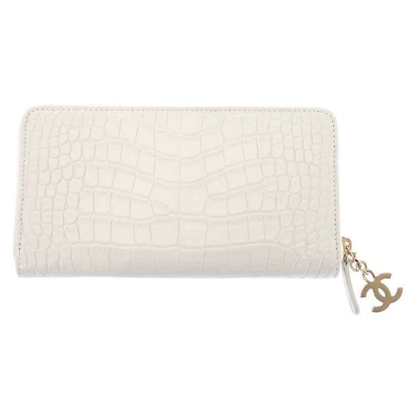 シャネル CHANEL ガブリエル ドゥ ラウンドウォレット クロコ型押し チャーム付き 長財布 レザー ホワイト レディース【中古】【Aランク】