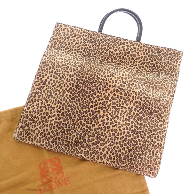 ロエベ LOEWE アナグラムレオパード トートバッグ スウェード カーフ ブラウン ブラック レディース【中古】【Bランク】