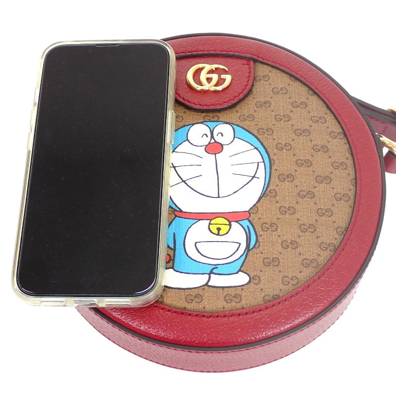 グッチ GUCCI ミニGGスプリーム ドラえもん 625216 ショルダーバッグ レザー PU ボルドー ブラウン ゴールド金具 レディース【中古】【Aランク】