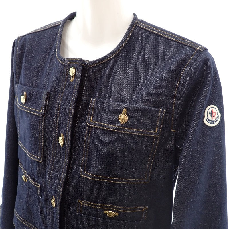 モンクレール MONCLER デニムジャケット ノーカラー TENCHIN GIUBBOTTO 0 K10931A00161_5978H デニムジャケット デニム ナイロン ネイビー ゴールド金具 レディース【中古】【Aランク】