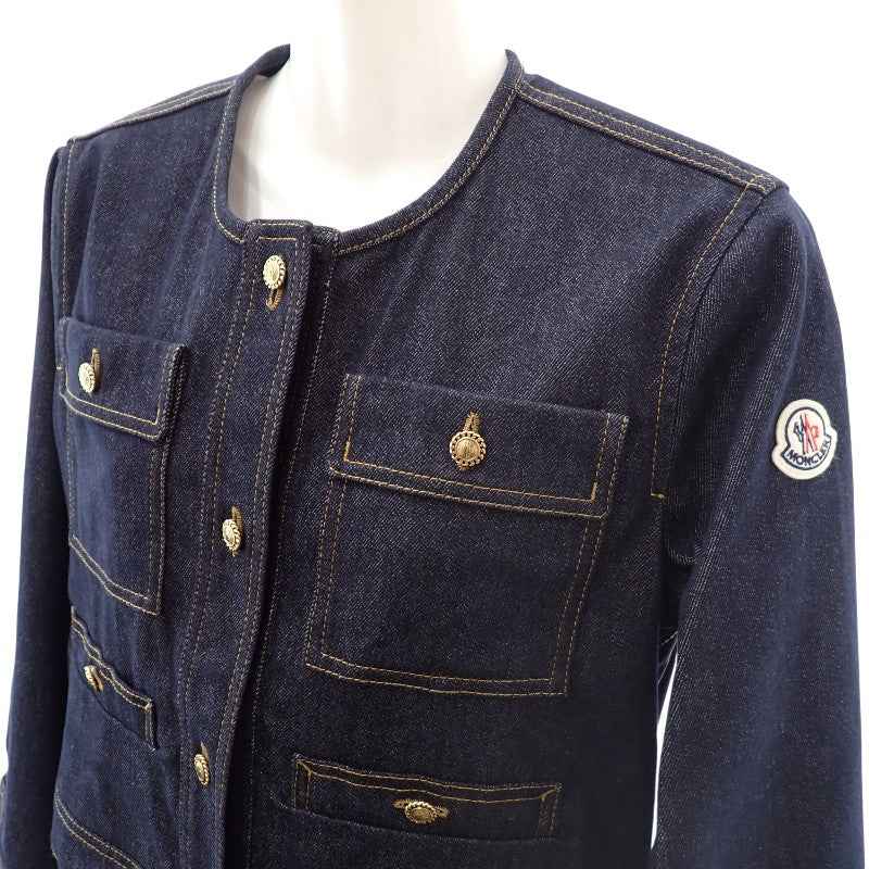 モンクレール MONCLER デニムジャケット ノーカラー TENCHIN GIUBBOTTO 0 K10931A00161_5978H デニムジャケット デニム ナイロン ネイビー ゴールド金具 レディース【中古】【Aランク】