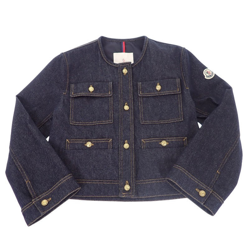 モンクレール MONCLER デニムジャケット ノーカラー TENCHIN GIUBBOTTO 0 K10931A00161_5978H デニムジャケット デニム ナイロン ネイビー ゴールド金具 レディース【中古】【Aランク】