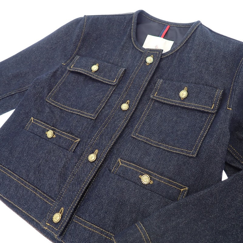 モンクレール MONCLER デニムジャケット ノーカラー TENCHIN GIUBBOTTO 0 K10931A00161_5978H デニムジャケット デニム ナイロン ネイビー ゴールド金具 レディース【中古】【Aランク】