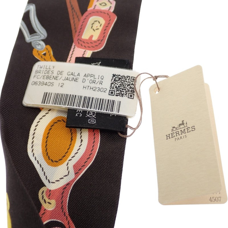 エルメス HERMES ツイリー BRIDES DE GALA APPLIQ PIQUE ブリッド・ドゥ・ガラ・アップリケ・ピケ 063940S 12 スカーフ シルク ブラック イエロー ピンク レディース【中古】【Aランク】