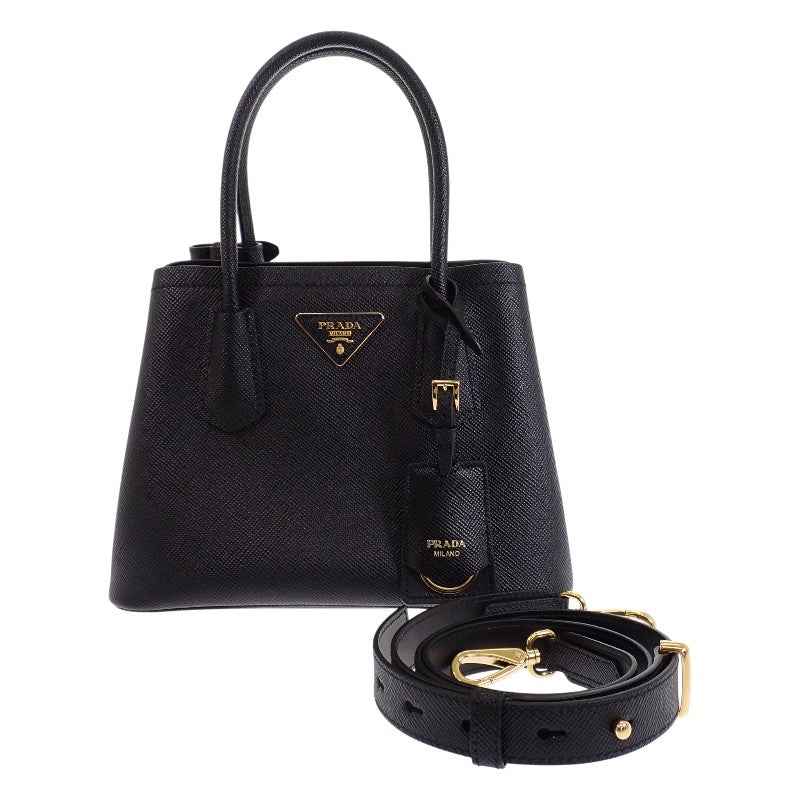 プラダ PRADA ダブル スモール レザーバッグ ドゥーブレ 1BG443 2WAYバッグ ハンドバッグ ショルダーバッグ サフィアーノ ブラック ゴールド金具 レディース【中古】【Aランク】