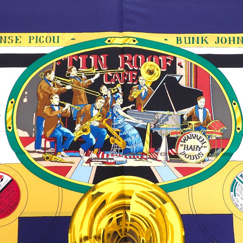 エルメス HERMES カレ90 THE ORIGINAL NEW ORLEANS CREOLE JAZZ 1923 ヴィンテージ スカーフ シルク ネイビー イエロー レディース【中古】【ABランク】