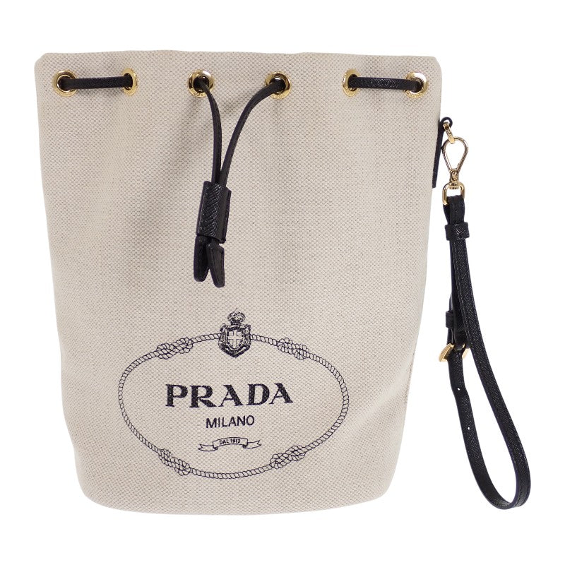 プラダ PRADA MISTOLINO キャンバス 巾着型 1NE369 ポーチ レザー リネン アイボリー ゴールド金具 レディース【中古】【Aランク】