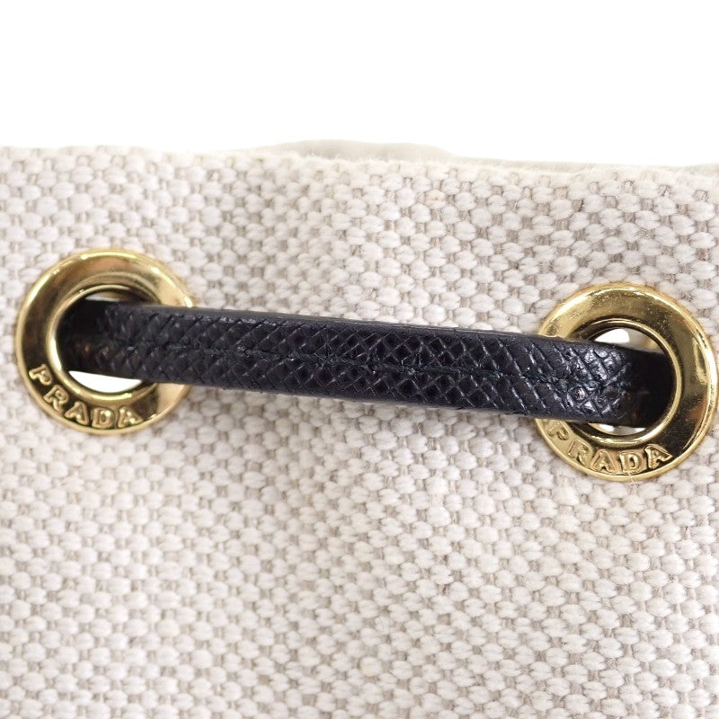 プラダ PRADA MISTOLINO キャンバス 巾着型 1NE369 ポーチ レザー リネン アイボリー ゴールド金具 レディース【中古】【Aランク】