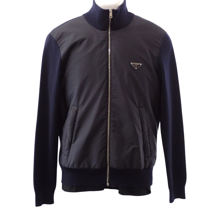 プラダ PRADA ジップアップ切替 48 UMG116 ナイロンジャケット ウール Re-Nylon ネイビー シルバー金具 メンズ【中古】【ABランク】
