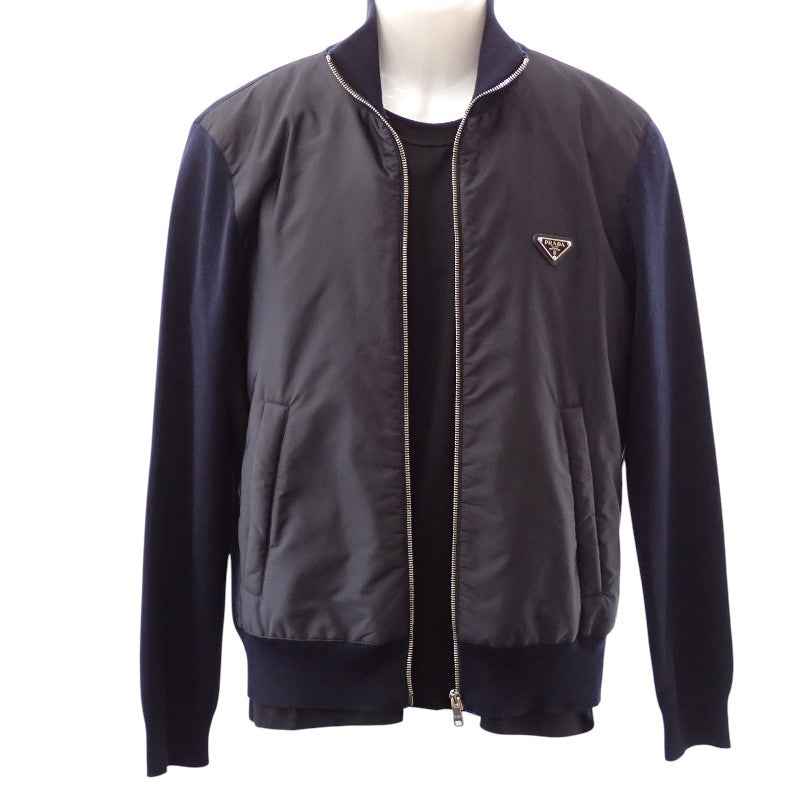 プラダ PRADA ジップアップ切替 48 UMG116 ナイロンジャケット ウール Re-Nylon ネイビー シルバー金具 メンズ【中古】【ABランク】