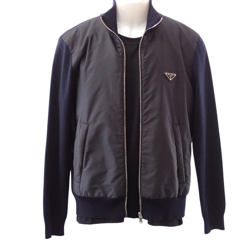 プラダ PRADA ジップアップ切替 48 UMG116 ナイロンジャケット ウール Re-Nylon ネイビー シルバー金具 メンズ【中古】【ABランク】