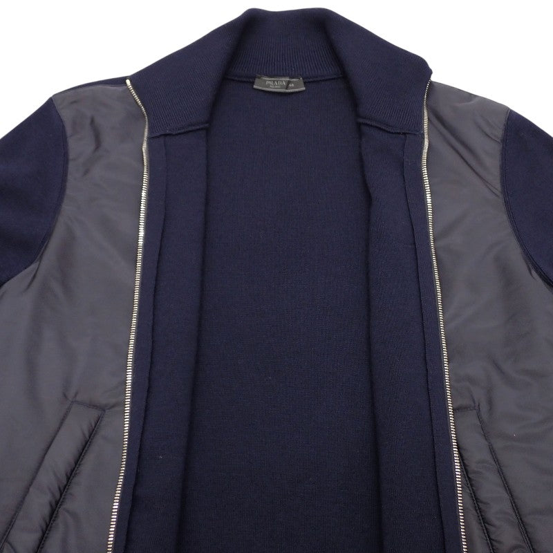 プラダ PRADA ジップアップ切替 48 UMG116 ナイロンジャケット ウール Re-Nylon ネイビー シルバー金具 メンズ【中古】【ABランク】