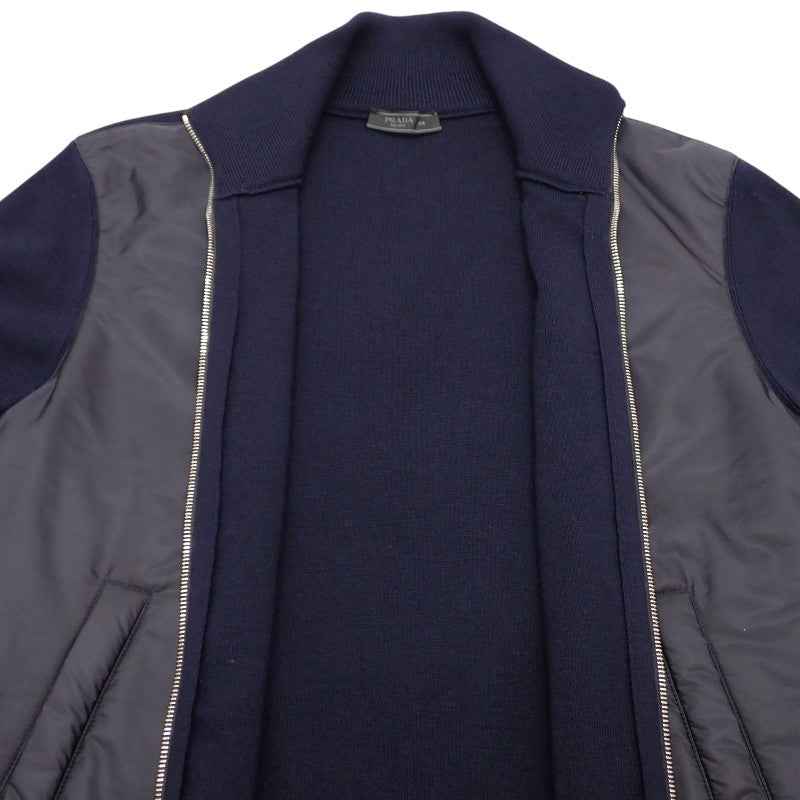 プラダ PRADA ジップアップ切替 48 UMG116 ナイロンジャケット ウール Re-Nylon ネイビー シルバー金具 メンズ【中古】【ABランク】