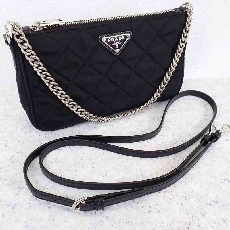 プラダ PRADA キルティングナイロンミニ 1BH026 2WAYバッグ Re-Nylon ブラック シルバー金具【中古】【Aランク】
